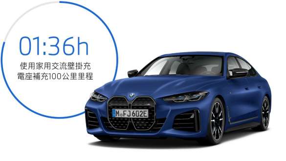 G26 BMW i4 M50 四分之三車頭視角 G26 BMW i4 M50 BMW Individual Frozen Portimao Blue銀粉漆 四分之三車頭視角和充電時間畫面