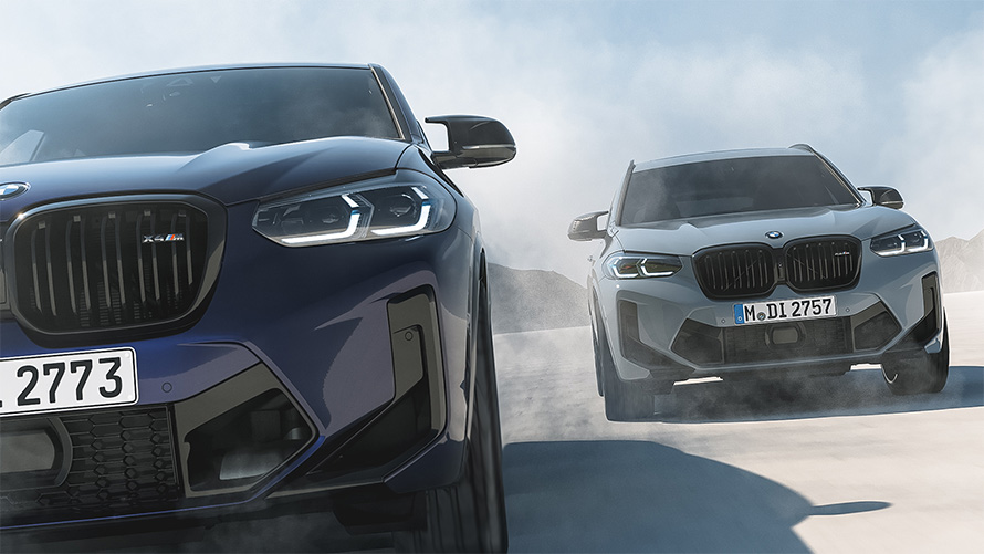 BMW X4 M F98，BMW Individual銀粉漆Velvetblue，BMW X3 M F97，BMW Individual銀粉漆Nardogrey，車頭視角行駛中