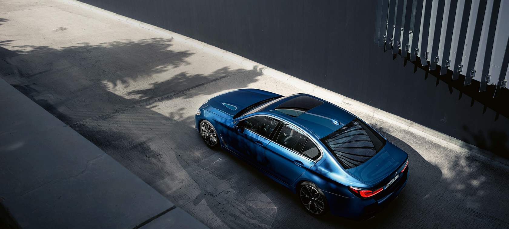 BMW 5 Series Sedan G30 standing BMW 5 Series Sedan G30 Facelift 2020 Phytonic Blue bird’s eye view standing